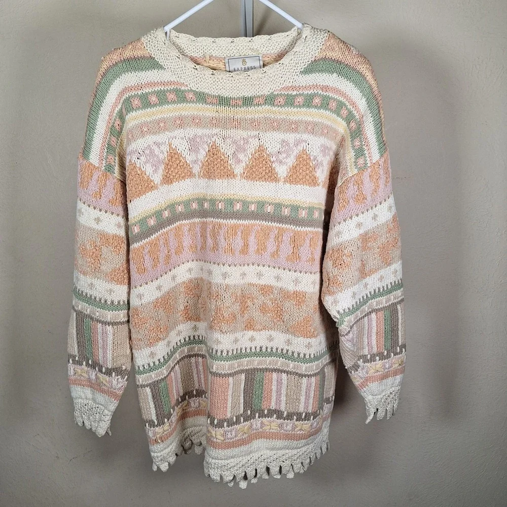 Express‎ Tricot Vtg Hand Knit Chunky Pastel Cottage Grandma Scallop Sweater S